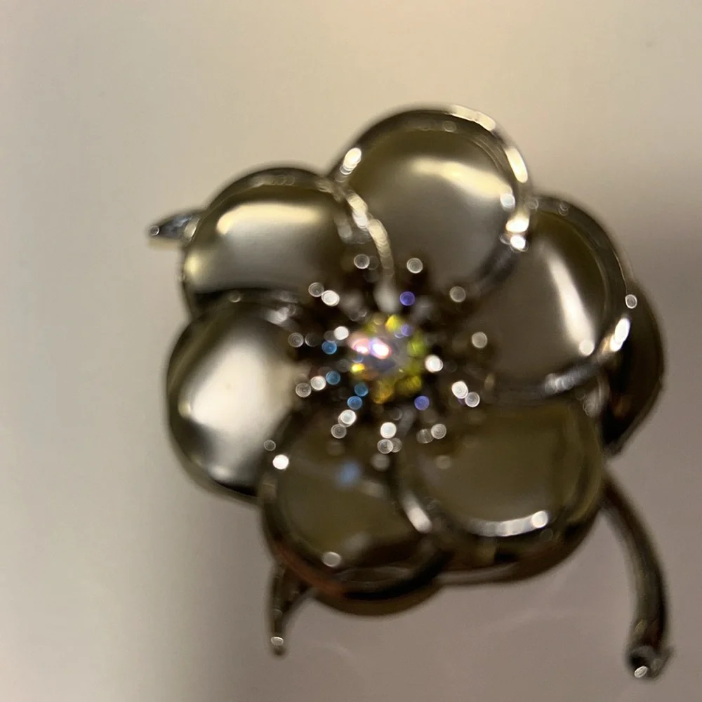 Silver Matte and Glossy Flower Brooch with a Aurora borealis Crystal